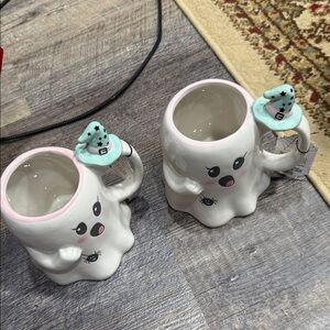 2 Ghost Shaped Mugs with Witch Hat Handles